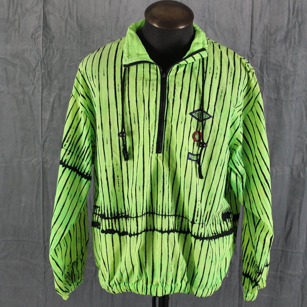 Vintage Gotcha Windbreaker - Neon Green Stiped - Men's Medium